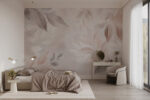 Soft beige leaf pattern wall mural behind a bed in a neutral-toned bedroom