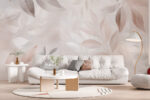 Soft beige leaf pattern wall mural behind a bed in a neutral-toned bedroom