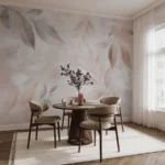 Soft beige leaf pattern wall mural behind a bed in a neutral-toned bedroom
