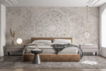 White and gray mandala wall mural wallpaper in a modern living room