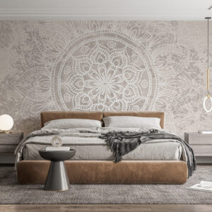 White and gray mandala wall mural wallpaper in a modern living room