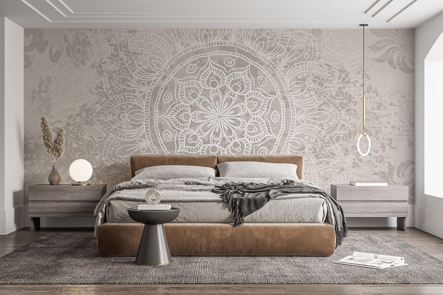 White and gray mandala wall mural wallpaper in a modern living room