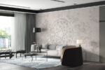 White and gray mandala wall mural wallpaper in a modern living room