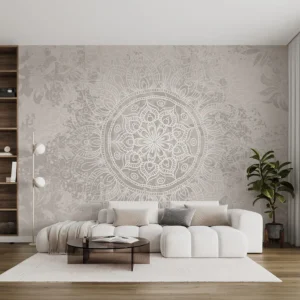 White and gray mandala wall mural wallpaper in a modern living room