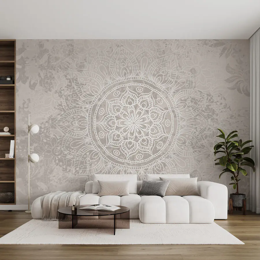 White and gray mandala wall mural wallpaper in a modern living room