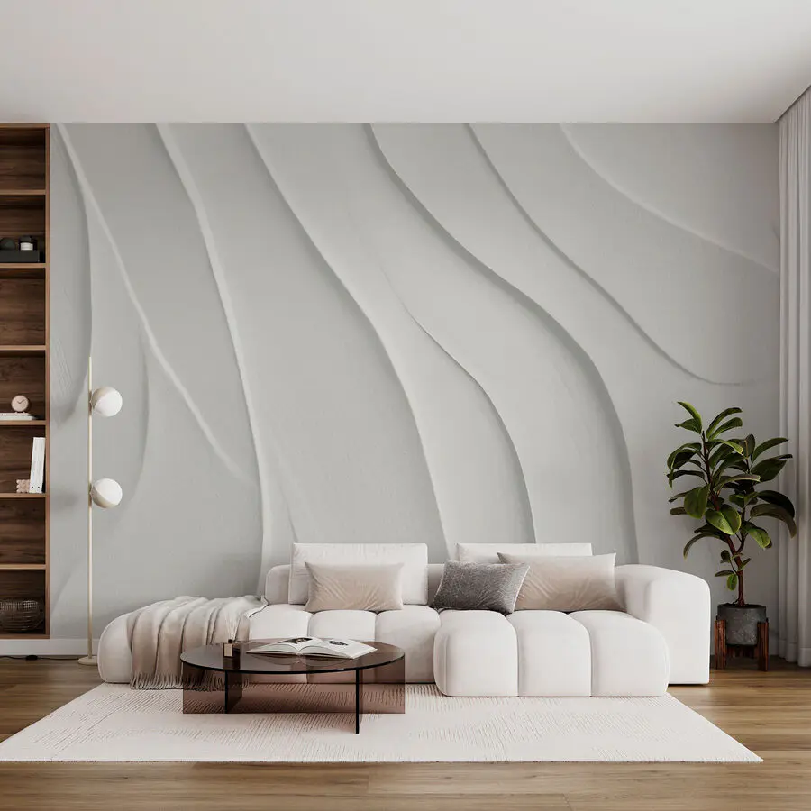 White wavy 3D wall mural wallpaper for modern interior design projects