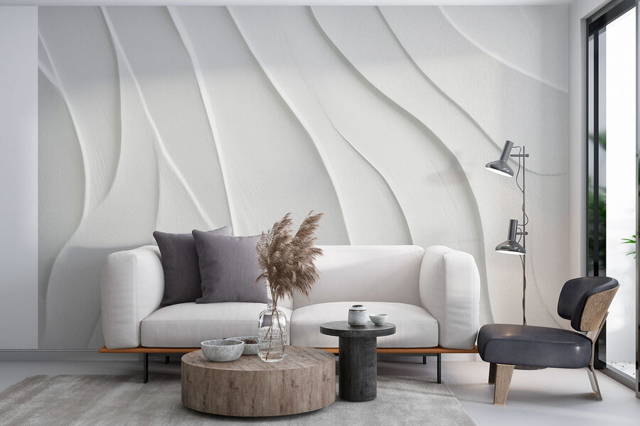 White wavy 3D wall mural wallpaper for modern interior design projects